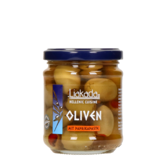 Oliven grün, gefüllt mit Paprikapaste (190g)
